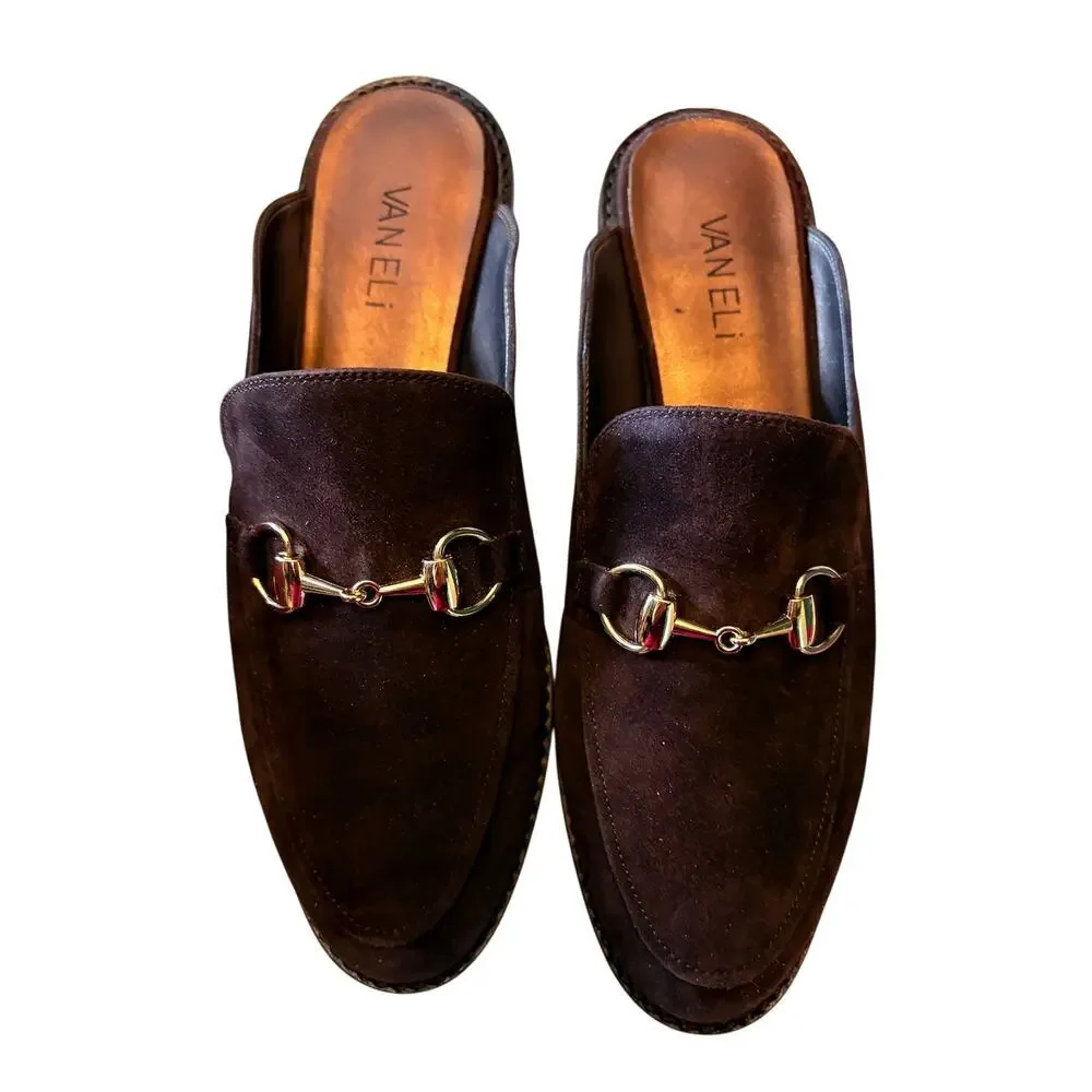 Vaneli Akela Chocolate Brown Suede Horsebit Mules 8M New in Box